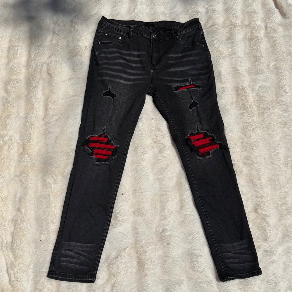 Amiri MX1‎ Distressed Jeans Black Red Leather Patch Slim Fit Mens Size 40